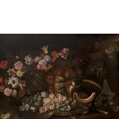 Maximilian Pfeiler, Natura morta con Fiori e frutti, oil on canvas