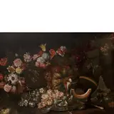 Maximilian Pfeiler, Natura morta con Fiori e frutti, oil on canvas