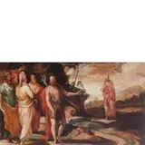 Lambert Sustris, San Giovanni Battista indica Cristo come il Salvatore, oil on panel