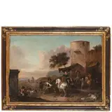 Simon Johannes van Douw, Sosta di viaggiatori a cavallo, oil on canvas