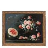 Giuseppe Pesci, Natura morta con fiori e melone, oil on canvas