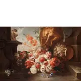 Andrea Belvedere, Natura morta con fiori, uva, vasi monumentali e scimmia, oil on canvas