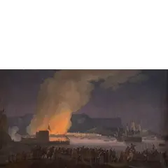 Alexandre Jean Noël, Veduta portuale mediterranea con incendio (Marsiglia?), oil on canvas