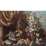 Margherita Caffi, Natura morta con vaso fiorito, funghi, uva e limoni