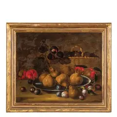 Natura morta con piatto di pere, cesto di fichi e susine / Natura morta con piatto di mele, uva e funghi by Angelo Maria Rossi, oil on canvas, offered Mar 2016