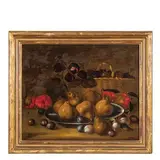 Angelo Maria Rossi, Natura morta con piatto di pere, cesto di fichi e susine / Natura morta con piatto di mele, uva e funghi, oil on canvas