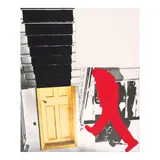 John Baldessari, Red Figure (Striding) and Door and Stairs, 1988, oil tint, vinyl paint and pastel on black and white photograph on board