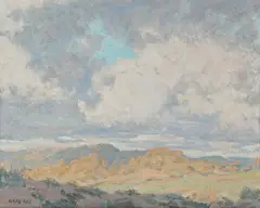 Gary Ray, Untitled, Oil on board landscape painting by Gary Ray, featuring a mountain range under a cloudy sky