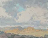 Gary Ray, Untitled, Oil on board landscape painting by Gary Ray, featuring a mountain range under a cloudy sky