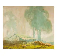 Sam Hyde Harris, Untitled, Oil on canvas depicting a landscape with a barn and trees in muted tones, board: