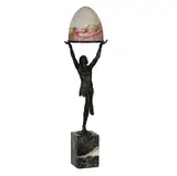 Max Le Verrier, patinated, bronze, mounted to marble plinth, the figure supporting a domed mottled glass shade;