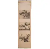 Shanshou Huang, comprising three panels in, ink on silk, each mounted to silk damask, each
