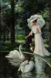 Josephine B. Goodsell American, Lady with Swans and Dog, oil on canvas