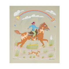 Harrison Begay, : Horse and Rider under Rainbow, gouache on paper;