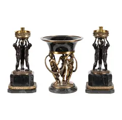 A Neoclassical-Style Marble and, Untitled, bronze three-piece assembled garniture