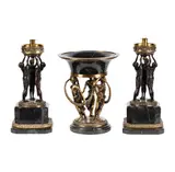 A Neoclassical-Style Marble and, Untitled, bronze three-piece assembled garniture