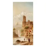 Felice A. Rezia, Town Scene with Waterfall and Figures, oil on board