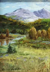 Thomas DeDecker, Framed, oil on board painting, "Autumn in the Mountains,"