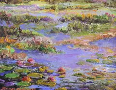 Thomas DeDecker, Framed, oil on board painting, "Pink Pond Flowers,"