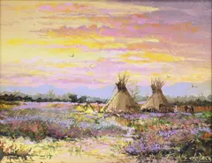 Thomas DeDecker, Framed, oil on board painting, "Blackfoot Camp,"