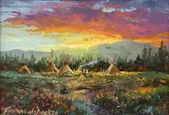 Thomas DeDecker, Framed, oil on board painting, "Encampment,"