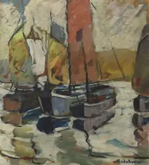 Lorene Rodehaver McDERMOTT, Framed, oil on paper board painting, Boats in harbor
