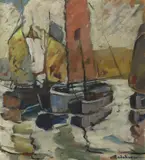 Lorene Rodehaver McDERMOTT, Framed, oil on paper board painting, Boats in harbor