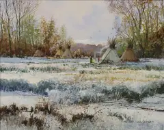 Thomas DeDecker, Framed, oil on canvas painting, "Staying Warm, Native Americans,"