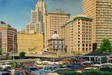 Joel Babb, Joel Babb(Am. 20th/21st Century)Providence Street Scene, 1981, (Customhouse in Providence, Rhode Island), Oil on panel