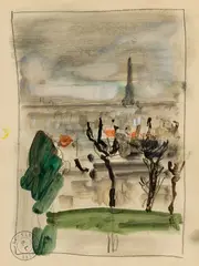 Bernard Lamotte, Paris Scene with Eiffel Tower, Watercolor and graphite on paper