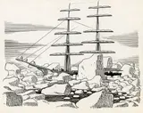 Rockwell Kent, Ship and Icebergs, Pen and ink on paper laid to board