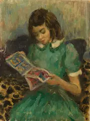 Waldo Peirce, Little Alzira Reading a Comic, Oil on canvas, unframed Initialed l.r