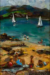 Wayne Beam Morrell, Beachscape with Bathers and Sailboats, Oil on canvasboard