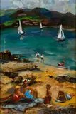Wayne Beam Morrell, Beachscape with Bathers and Sailboats, Oil on canvasboard