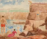 Abraham Walkowitz, Swimmers at the Quarry, Watercolor on paper, matted