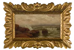 George S. Wasson, Mouth of the Harbor, Oil on carved wooden panel, unframed