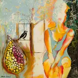 Martha Lent, Woman and Bird, Acrylic and collage on panel, unframed