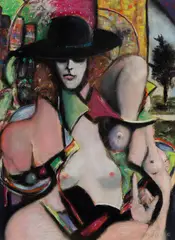 Emanuel Spitzer, Nude in Black Hat, Pastel on paper