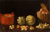 Paolo Antonio Barbieri, Still life of mushrooms, pumpkin, peaches and grapes in a bowl, Oil on canvas