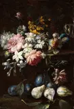 Giuseppe Volò Vincenzino, Still life with vase of flowers, pears and plums, Oil on canvas