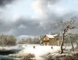 Francesco Foschi, Winter landscape with river and travellers, Oil on canvas
