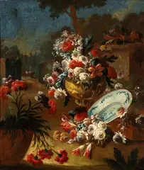 Gasparo Lopez, Flower vases and pottery in a landscape, Oil on canvas