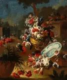 Gasparo Lopez, Flower vases and pottery in a landscape, Oil on canvas
