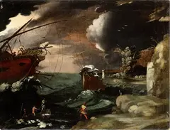 Agostino Tassi, Stormy sea with boat at berth, Oil on canvas