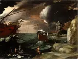 Agostino Tassi, Stormy sea with boat at berth, Oil on canvas