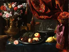 Pier Francesco Cittadini, Still life of flowers, fruits, crystals and brocades, Dopo l'apprendistato milanese nella bottega di Daniele Crespi