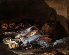 Giuseppe Recco, Still life of fish and crustaceans in a landscape, The attribution of the present work to Giuseppe Recco was confirmed by Prof. Valeria Di Fratta.