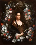 Pier Francesco Cittadini, Portrait of a lady with fan within garland of flowers, Oil on canvas