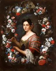 Pier Francesco Cittadini, Portrait of a lady with carnation in a garland of flowers, Oil on canvas