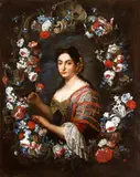 Pier Francesco Cittadini, Portrait of a lady with carnation in a garland of flowers, Oil on canvas